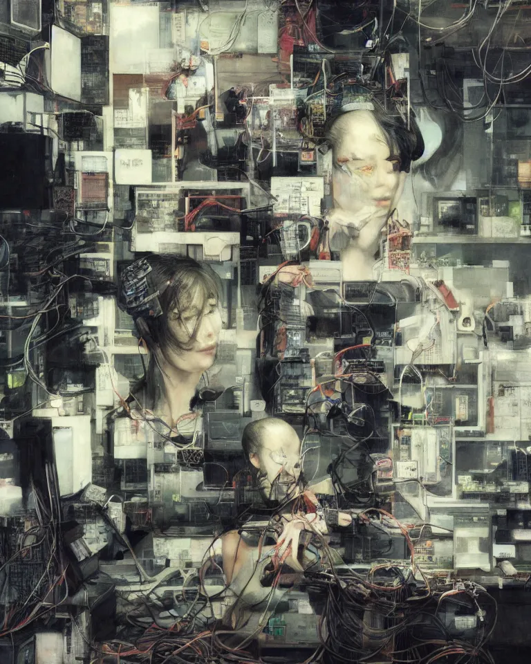 Prompt: portrait of lain iwakura, background room full of cables and computers by yoshitoshi abe, ruan jia and joao ruas. atmospheric