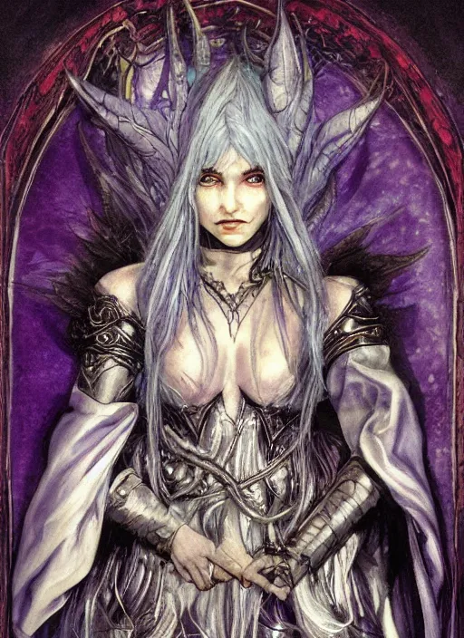 Image similar to portrait of young female prophetess of the endtimes, transluscent skin, silver filigreed armor, lavender hair, beautiful! coherent! dungeons and dragons character, by brian froud, strong line, cool night color, high contrast