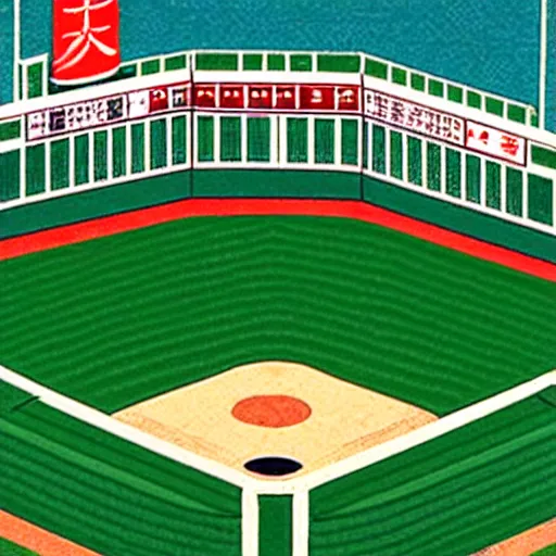 Image similar to ukiyo - e portrait of fenway park, green monster wall in left field, boston red sox
