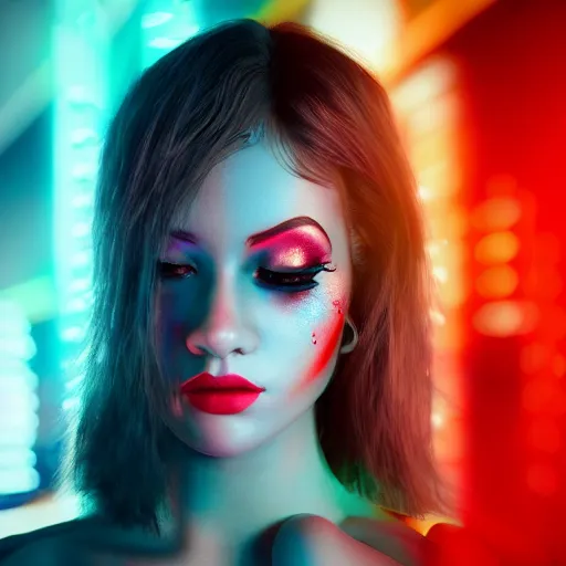 Image similar to A close-up of a beautiful girl with a surreal makeup reminding the swiss flag, octane render, bokeh, cyberpunk vibes, neons on the background