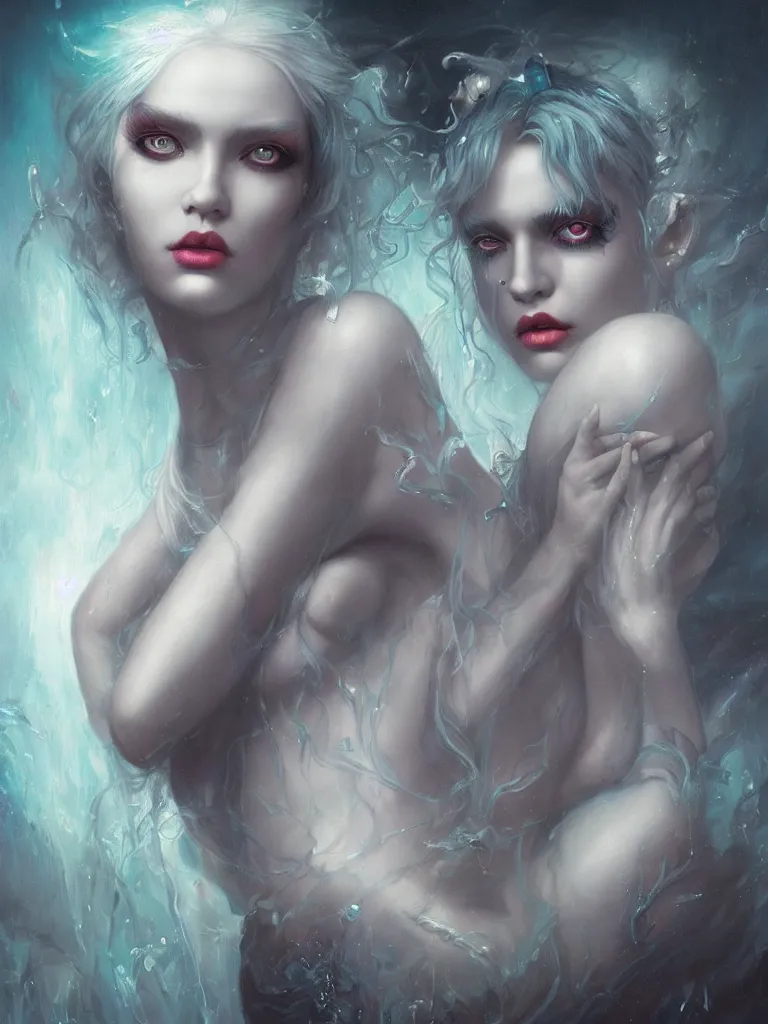 Image similar to a seapunk portrait of a nymph with shadowy eyes and bonewhite hair, with black glossy lips, hyperrealistic, award-winning, masterpiece, in the style of Tom Bagshaw, Cedric Peyravernay, Peter Mohrbacher