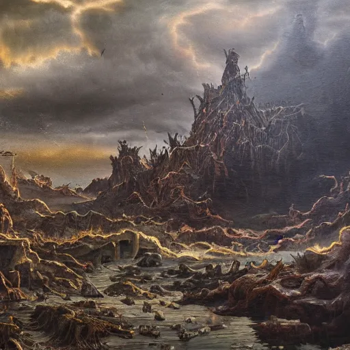 Image similar to A demonic cesspool of pure evil, hell, matte oil painting, highly detailed, astonishing detail