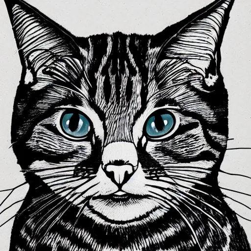 Prompt: portrait of a cat, pen line art