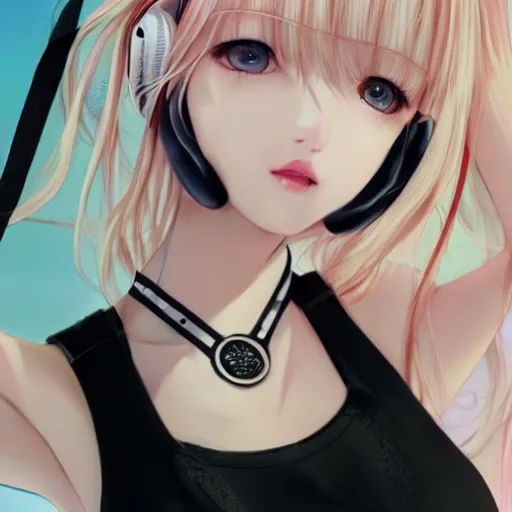 Prompt: realistic detailed semirealism beautiful gorgeous buxom voluptuous natural cute excited happy Blackpink Lalisa Manoban white hair white cat ears blue eyes, wearing black camisole outfit, headphones, black leather choker artwork drawn full HD 4K high resolution quality artstyle professional artists WLOP, Aztodio, Taejune Kim, Guweiz, Pixiv, Instagram, Artstation