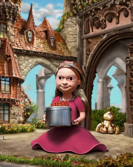 Image similar to highly detailed closeup, face profile portrait of a tin toy greta thunberg as a medieval goblin eating cakes in a castle, bikini, depth of field, nicoletta ceccoli, mark ryden, lostfish, dan decarlo, bob clampett, max fleischer, detailed and intricate environment, 8 k resolution, hyperrealistic, octane render