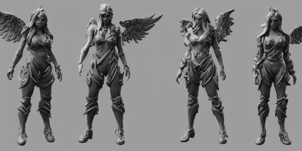 Prompt: full-body character sheet of angel and heaven for the video game ‘fortnite’ by Epic Games, 3d render, octane render, 4K, volumetric, trending on art station