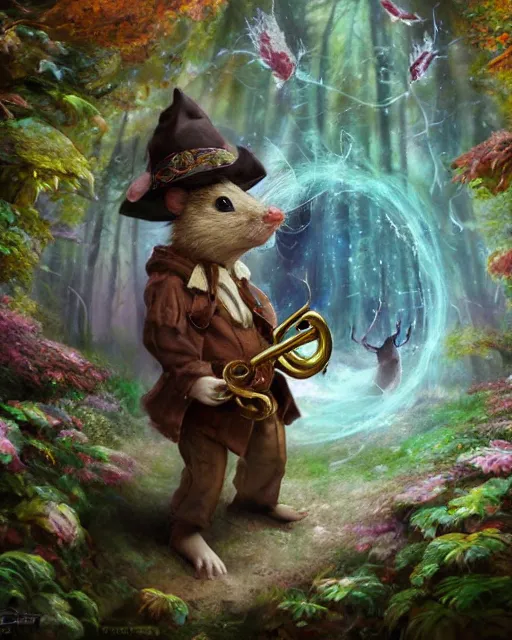 Image similar to Mouse playing Trumpet in magical forest, portrait, wearing hat, magical notes, fairy atmosphere, magic the gathering artwork, D&D, fantasy, cinematic lighting, centered, symmetrical, highly detailed, digital painting, artstation, concept art, smooth, sharp focus, illustration, volumetric lighting, epic Composition, 8k, art by Akihiko Yoshida and Greg Rutkowski and Craig Mullins, oil painting, cgsociety