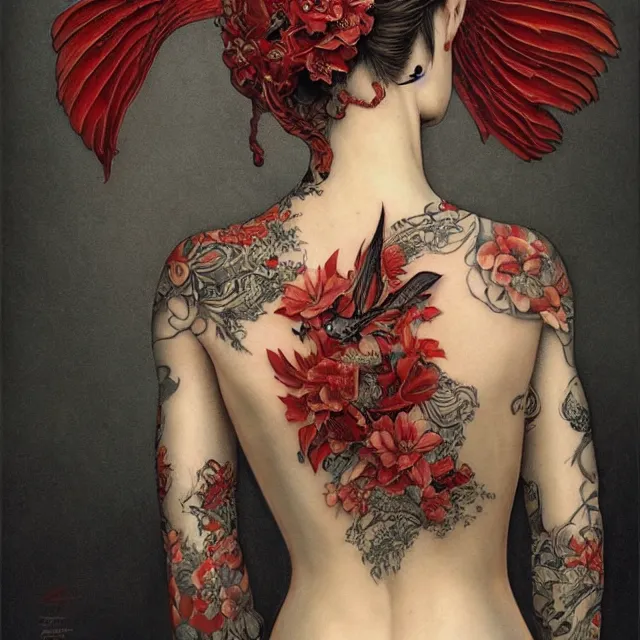 Image similar to ultra realistic illustration, beautiful woman dressed in red kimono, backview, tattoos, in the style of gerald brom by weta digital and beth cavener, high face symmetry, intricate, masterpiece, award winning, high face symmetry, intricate