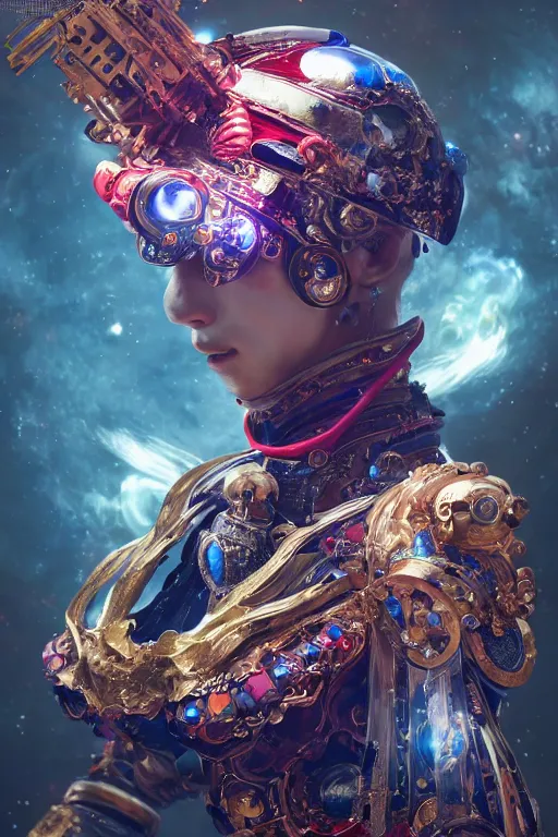 Image similar to a fancy portrait of a beautiful automaton in space with a colourful scheme by dustin nguyen, sung choi, mitchell mohrhauser, maciej kuciara, johnson ting, maxim verehin, peter konig, bloodborne, 8 k photorealistic, cinematic lighting, hd, high details, dramatic, dark atmosphere, trending on artstation