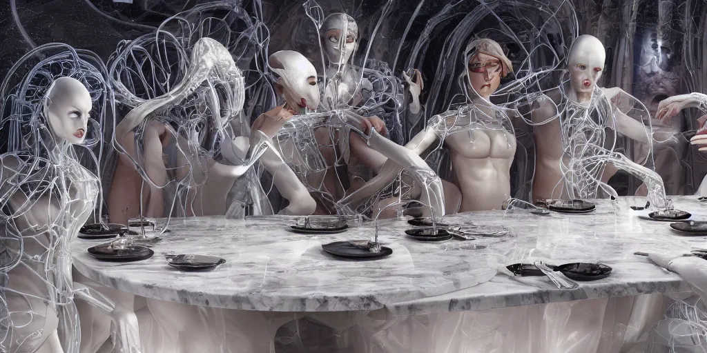 Image similar to !13 diverse aliens on !one_side of a !marble table, eating luxurios meals !!posing_as_last_supper cinematic lighting, their clothes are high tech suits, intricate cables adorne their bodies and heads, detailed implants, satin, crystal, liquid, surreal, floating, !!highly detalied, 4k, artstation, by Rolf Armstrong