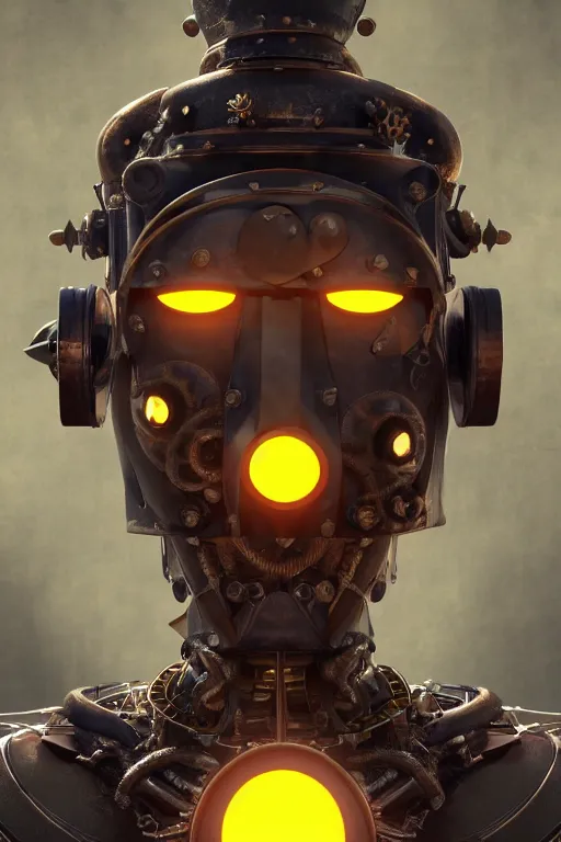 Image similar to steampunk mask minimalist fantasy art robot ninja helmet, global illumination ray tracing hdr fanart arstation by sung choi and eric pfeiffer and gabriel garza and casper konefal radiating a glowing aura