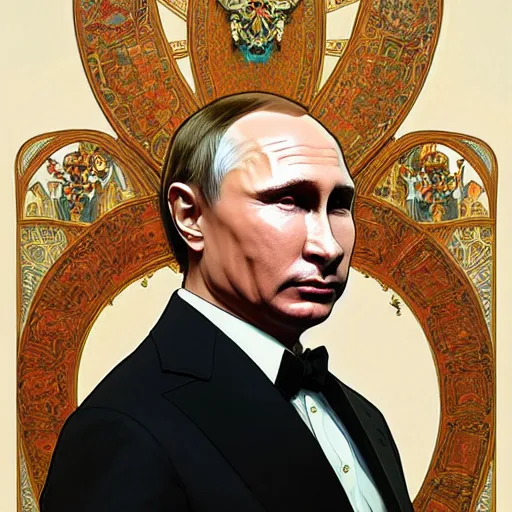 Image similar to a portrait of ( male ) putin, upper half portrait, decorated with russian motifs, traditional russia, intricate, elegant, highly detailed, symmetry, headpiece, digital painting, artstation concept art smooth sharp focus, illustration, art by artgerm and greg rutkowski alphonse mucha 8 k