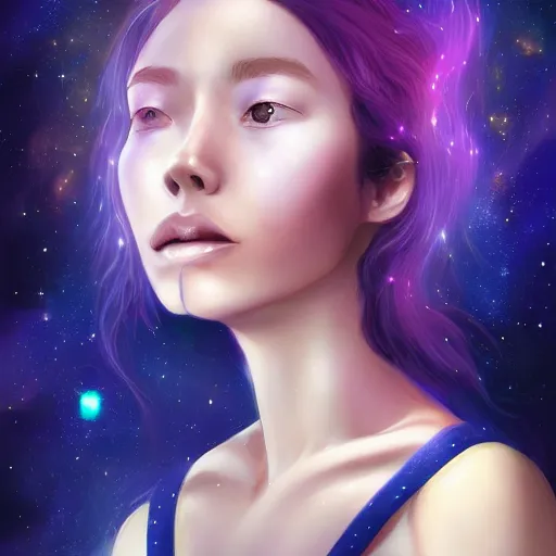 Image similar to beautiful digital painting of woman with freckles and hair made of galaxy nebula, by bearbrickjia, symmetry, realistic facial feature, artstation, artgerm
