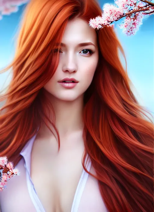 Image similar to photo of a gorgeous female with auburn hair in the style of stefan kostic, realistic, half body shot, sharp focus, 8 k high definition, insanely detailed, intricate, elegant, art by stanley lau and artgerm, extreme blur cherry blossoms background