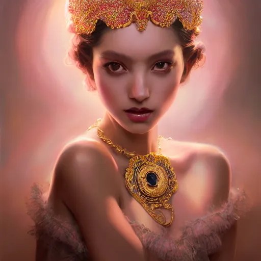 Prompt: expressive oil painting, of alluring european princess, seductive look, smooth glowing skin, glistening body, love, adoration, ornate headpiece made from beads, glamour shot, by yoshitaka amano, by greg rutkowski, by jeremyg lipkinng, by artgerm, digital art, octane render, white and pink dress