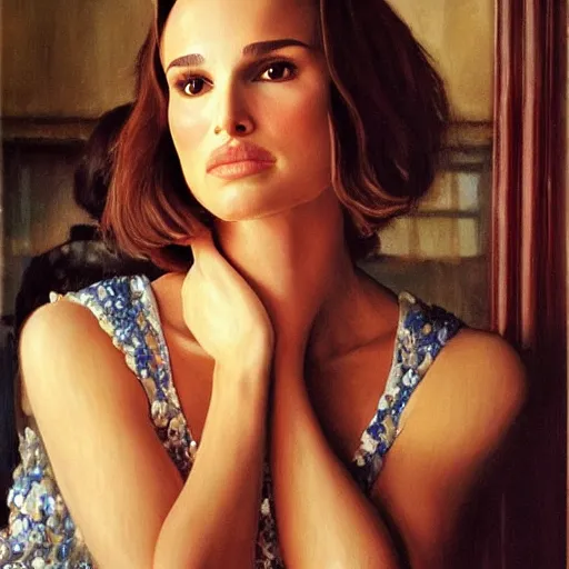 Prompt: Natalie Portman at a diner, head and shoulders portrait, extremely detailed masterpiece, Roger Deakin’s cinematography, oil on canvas, Norman Rockwell.