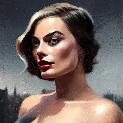 Prompt: closeup portrait of margot robbie, 1 9 2 0 s, femme fatale, dramatic lighting, city background, chiaroscuro, high detail, painted by greg rutkowski, painted by igor kieryluk, painted by bobby chiu, trending on artstation