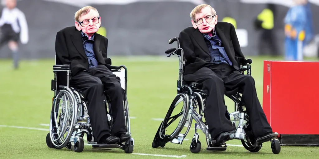 Prompt: stephen hawking is playing football, moving his wheelchair fast