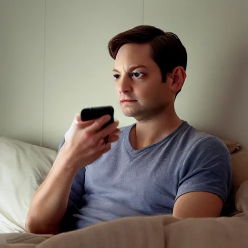 Prompt: tobey maguire texting on his phone inside of his bedroom during a rainy night, cinematic lighting, photorealistic, highly detailed,