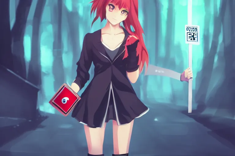 Prompt: concept art, pretty woman holding stop sign, digital anime art, good lighting,