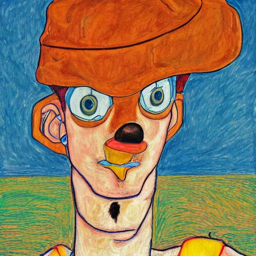 Prompt: portrait of Donald Duck in style of Egon Schiele, illustration, masterpiece, realism, piercing gaze