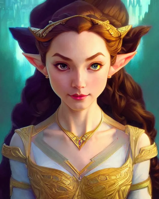 Image similar to portrait of disney zelda, intricate, elegant, highly detailed, my rendition, digital painting, artstation, concept art, smooth, sharp focus, illustration, art by artgerm and greg rutkowski and alphonse mucha and uang guangjian and gil elvgren and sachin teng, symmetry!!