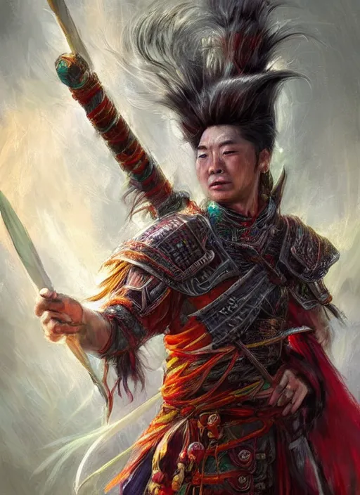 Image similar to chinese warrior curtain hair, looking down, dndbeyond, bright, colourful, realistic, dnd character portrait, full body, pathfinder, pinterest, art by ralph horsley, dnd, rpg, lotr game design fanart by concept art, behance hd, artstation, deviantart, hdr render in unreal engine 5