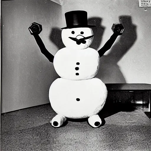 Prompt: “ burl ives snowman m, lifting weights with magnum pi in an insane asylum, designed by vernor panton ”