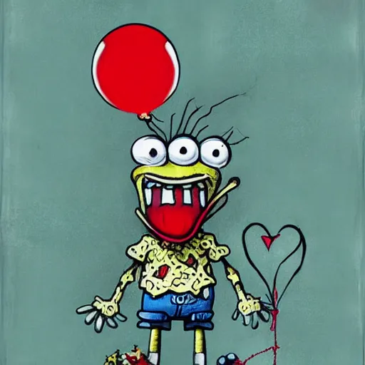 Image similar to grunge painting of spongebob with a wide smile and a red balloon by chris leib, loony toons style, pennywise style, corpse bride style, horror theme, detailed, elegant, intricate