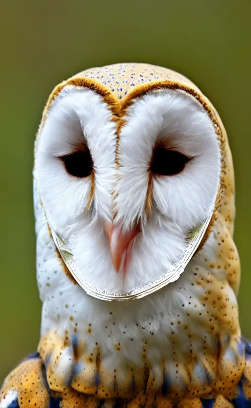 Prompt: a barn owl with a metal mask covering half of its face