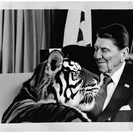 Image similar to [ ronald reagan sitting in chair with a tiger lying at his feet ]