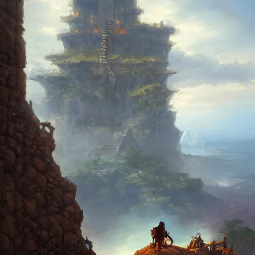 Image similar to a camel rider standing on the edge of a cliff looking far away at the huge tower of destiny, by mohrbacher, by andreas rocha, by james gurney, digital painting