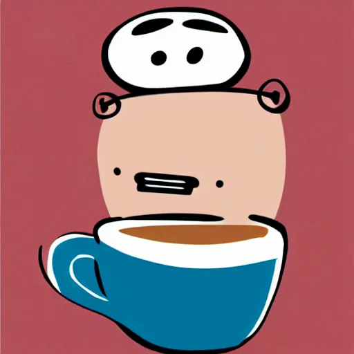 Prompt: cartoon illustration of a pillow character with two button eyes holding a coffee cup