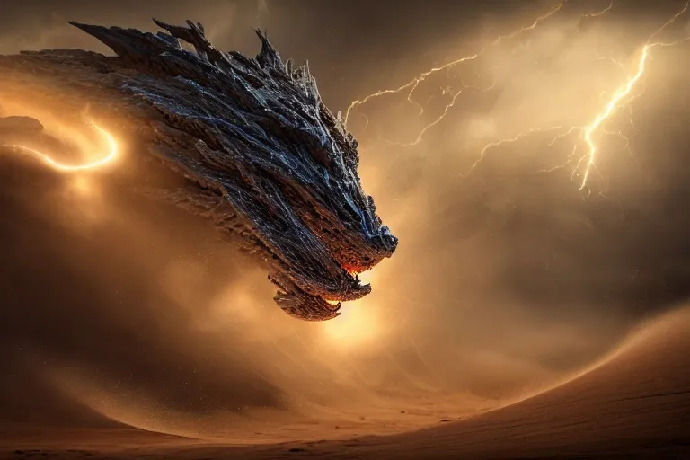 Image similar to sand dragon with lightnings and smoke is fighting against giant wind monster with cyclones, cgsociety, full length, exquisite detail, post - processing, masterpiece, volumetric lighting, cinematic, hypermaximalistic, polarizing filter,, sony a 7 r iv, cinematic, 8 k resolution, beautiful detailed, insanely intricate details, sharp edges, smooth focus, low angle,