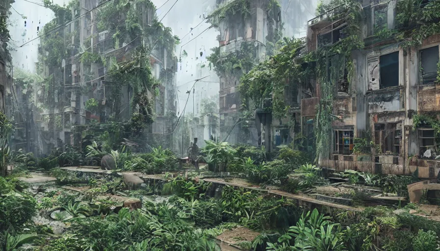 Image similar to Abandoned Building Overgrown by beautiful plants, Dystopian Slum, Hyperrealism, Hyperdetailed, Intricate Details, Anamorphic Lens, Cinematic Lighting, Volumetric Lights, Raytracing Reflections, Unreal Engine 5