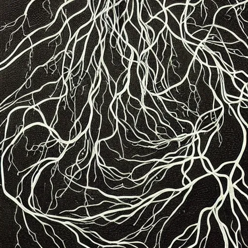 Image similar to award - winning painting of pitch black, tar - like, shadow roots with lots of tendrils spreading everywhere, intricate detail, deep black roots, infestation, shadowy, lovecraftian