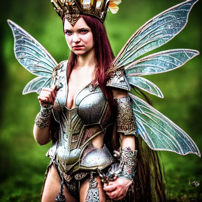 Image similar to photo of a very beautiful!! fairy queen with ornate sparkling armour, highly detailed, 4 k, hdr, smooth, sharp focus, high resolution, award - winning photo