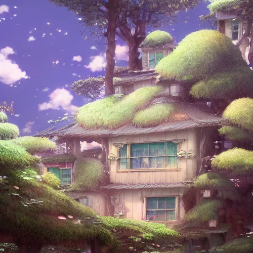 Prompt: a house with a lot of trees on top of it, a detailed matte painting by hayao miyazaki, cgsociety, magical realism, anime aesthetic, anime, matte painting