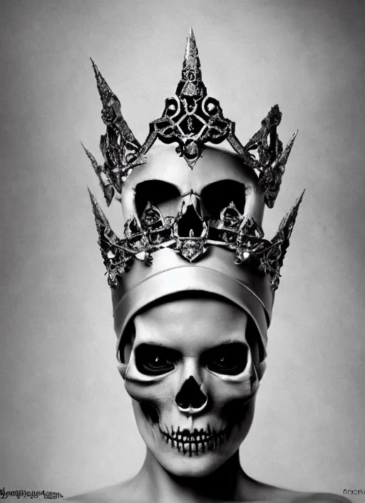 Image similar to skull queen with an origami crown, hints of silver jewelry, gothic, eerie, intricate detail, dramatic lighting, mist, grey, 4k