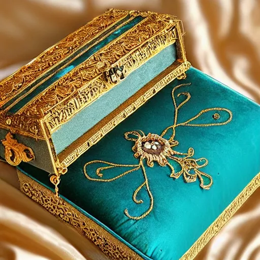 Prompt: “ornate jewellery box, decorated in delicate golden filigree and assorted jewels, resting on a plush turquoise velvet pillow, ultra realistic, 4K, rich colour, vibrant”