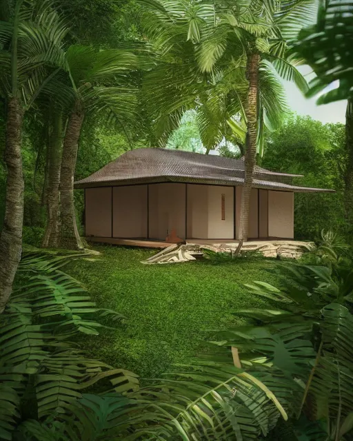 Image similar to a beautiful 3d renderings of a little house in the jungle, architecture by SOM Architect. Architectural photography, 14mm, cinematic photography, high resolution 4k, cg architects, vray