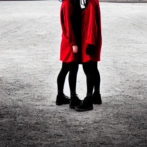 Image similar to photographic portrait of 2 clones in front of a brutalist metal building, 2 techwear women, on a desolate plain, red sky, black oversized clothes, sigma 8 5 mm f / 1. 4, 4 k, depth of field, high resolution, 4 k, 8 k, hd, full color