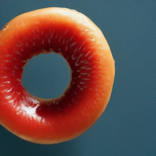 Image similar to Perfectly circular donut!!!!! in the style and shape of a rambutan!!!!!!, blended colors!!!!!, trending on artstation, 4k, 8k, professional photography, overhead shot, 35mm lens