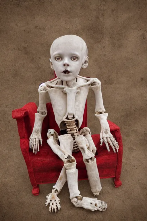 Prompt: photorealistic front view sad pale victorian ai child sitting on a red sofa made of human bones in a surreal landscape, depth of field, intricate, highly detailed, high quality, realistic, sharp focus, soft glow