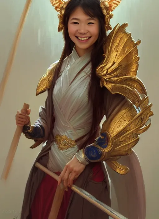 Prompt: Close-up portrait of smiling young asian woman wearing a winged helmet, holding a staff and wearing a robe with shoulders exposed, portrait, highly detailed, digital painting, artstation, concept art, sharp focus, illustration, art by artgerm and greg rutkowski and alphonse mucha