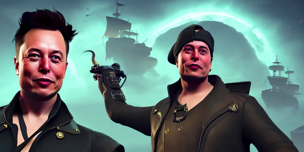 Image similar to selfie of elon musk as a sea of thieves character, sea of thieves screenshot, storm, unreal engine, digital art