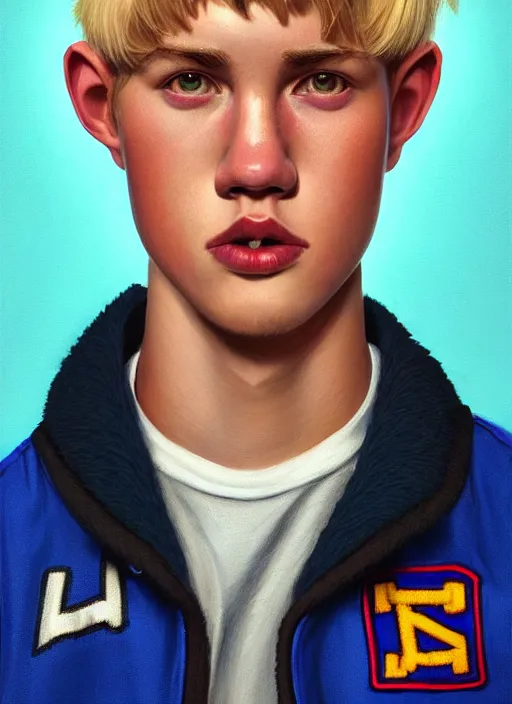 Image similar to portrait of high school senior boy named big moose, blonde short hair, jock, beefy, wide face, square jaw, square facial structure, blue varsity jacket with letter r, intricate, elegant, glowing lights, highly detailed, digital painting, artstation, concept art, sharp focus, illustration, art by wlop, mars ravelo and greg rutkowski