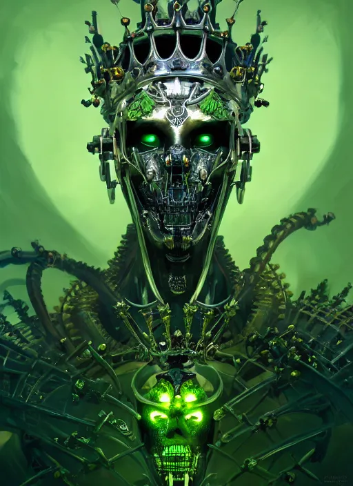 Prompt: portrait shot of the king of the bionic skeletons with a crown of blades, glowing green, intricate, elegant, highly detailed, centered, digital painting, artstation, concept art, smooth, sharp focus, warframe, illustration, anders zorn, tomasz alen kopera, peter mohrbacher, donato giancola, leyendecker, boris vallejo