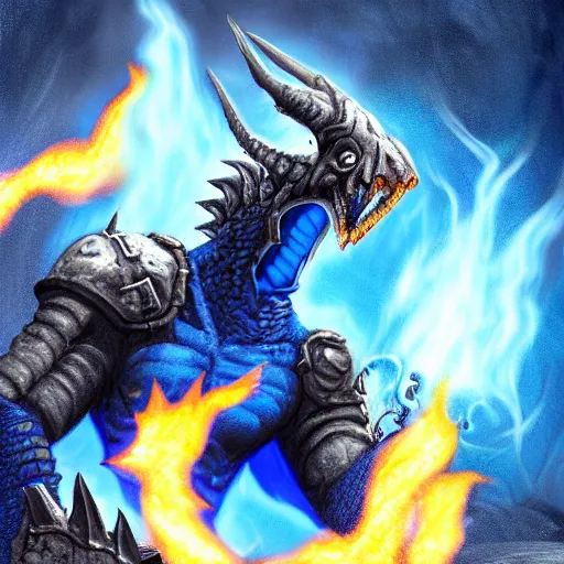 Image similar to a blue dragonborn with half of his face flaming with blue flame standing in a big cave, digital art