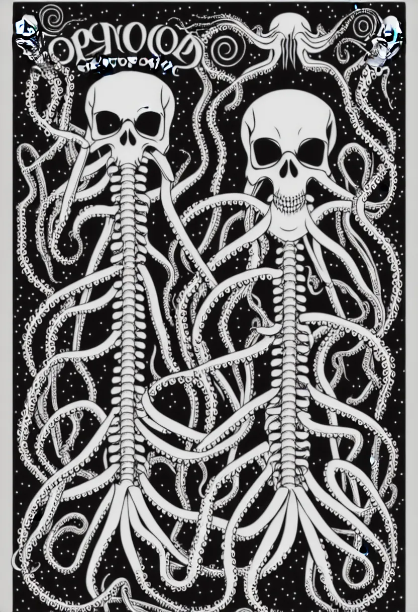 Image similar to fillmore concert poster, realistic symmetrical octopus skeleton, vector art, sticker design, 8k, highly detailed